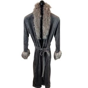 Adrienne Landau Grey Plush Fleece‎ Robe Faux Fur Trim Collar Cuffs M/L RN118620